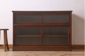 レトロ家具　和製アンティーク　栗材　欅材　チェッカーガラス入り　レトロで実用的な収納棚(戸棚、食器棚、本箱)