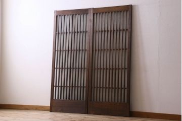 昭和期　すりガラス入り!縦桟が魅力的な格子戸(引き戸、ガラス戸)2枚セット(2)