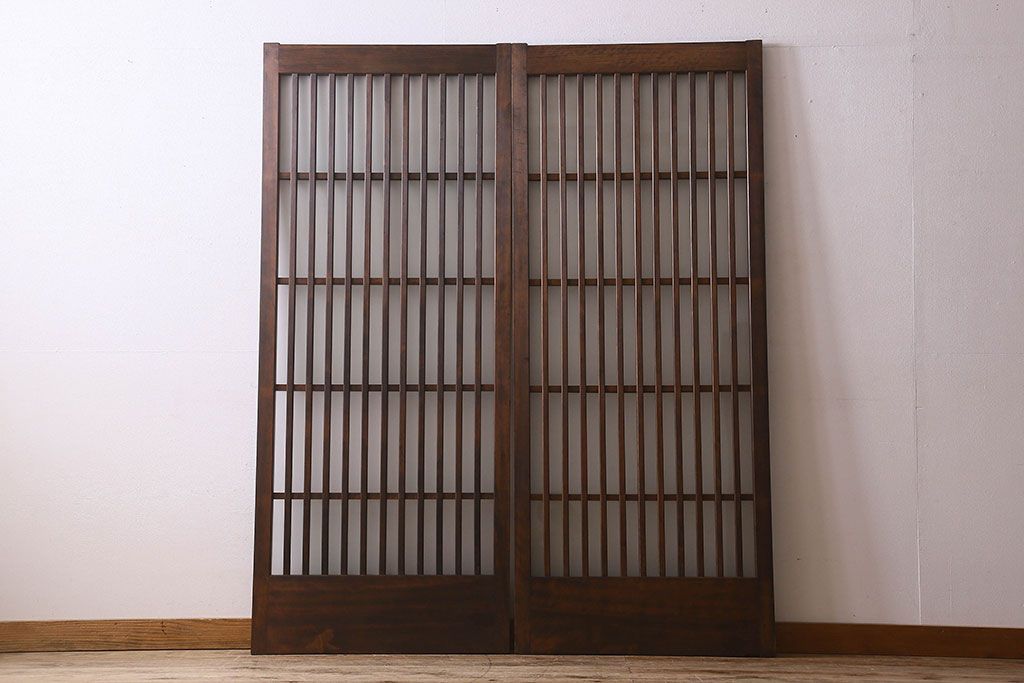 昭和期　すりガラス入り!縦桟が魅力的な格子戸(引き戸、ガラス戸)2枚セット(2)
