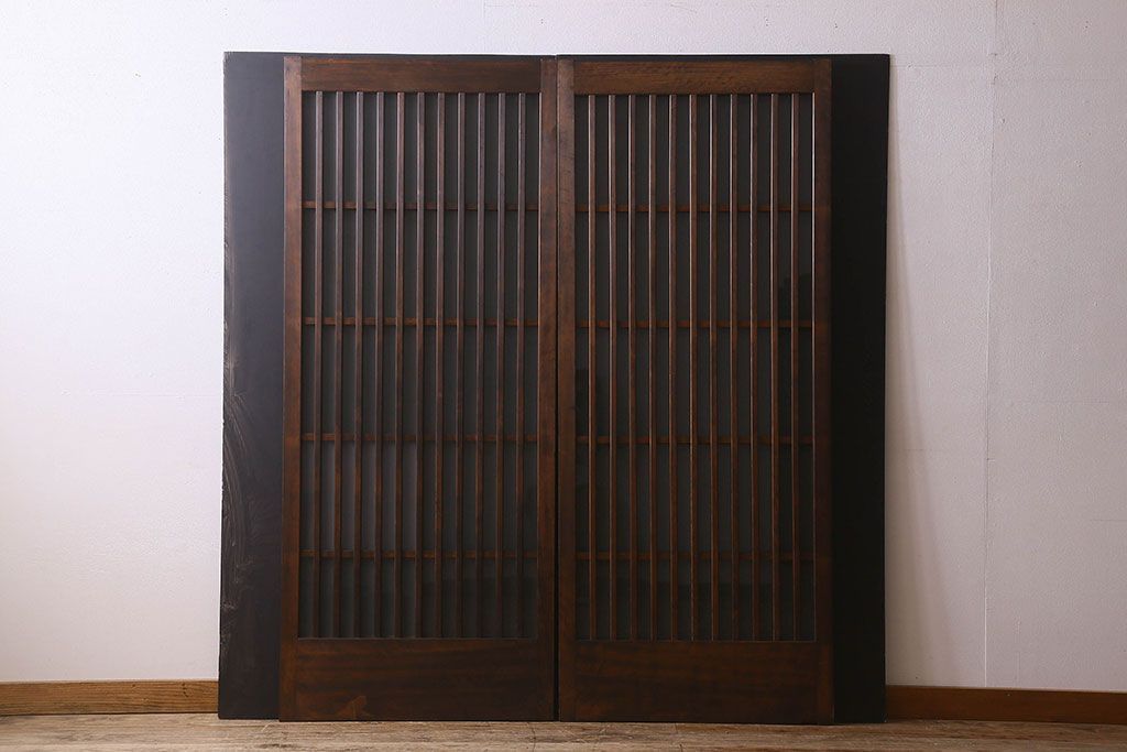 昭和期　すりガラス入り!縦桟が魅力的な格子戸(引き戸、ガラス戸)2枚セット(2)