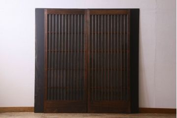昭和期　すりガラス入り!縦桟が魅力的な格子戸(引き戸、ガラス戸)2枚セット(2)