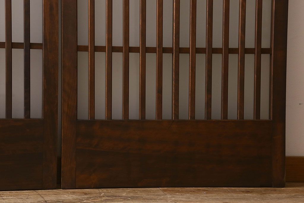 昭和期　すりガラス入り!縦桟が魅力的な格子戸(引き戸、ガラス戸)2枚セット(2)