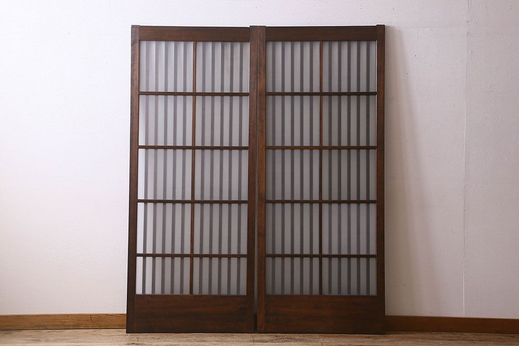 昭和期　すりガラス入り!縦桟が魅力的な格子戸(引き戸、ガラス戸)2枚セット(2)