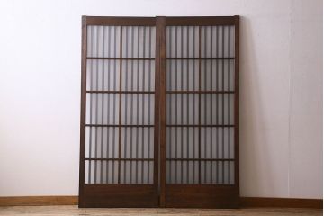 昭和期　すりガラス入り!縦桟が魅力的な格子戸(引き戸、ガラス戸)2枚セット(2)
