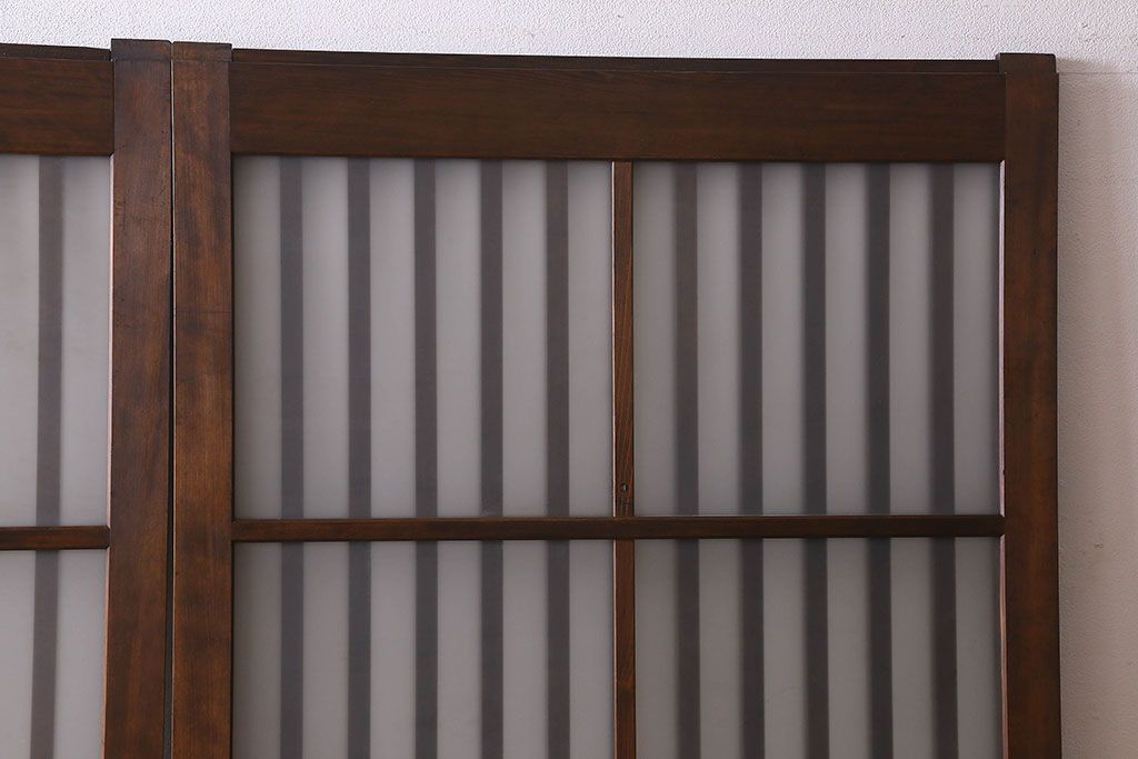 昭和期　すりガラス入り!縦桟が魅力的な格子戸(引き戸、ガラス戸)2枚セット(2)