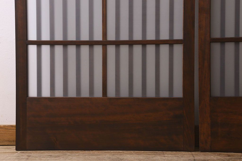 昭和期　すりガラス入り!縦桟が魅力的な格子戸(引き戸、ガラス戸)2枚セット(2)