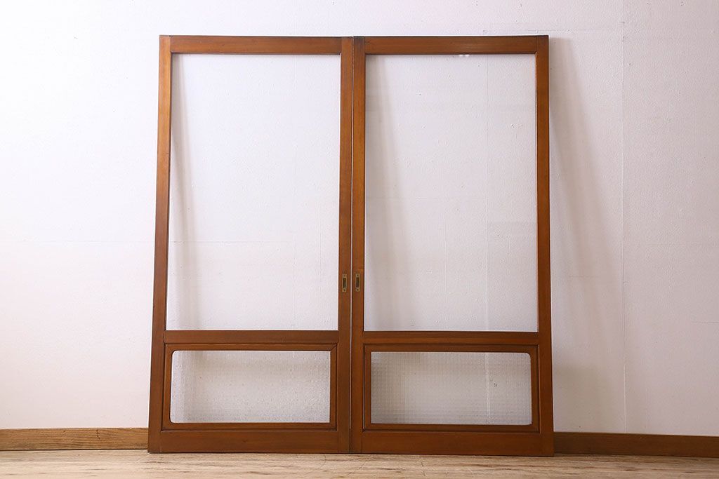 昭和レトロ　クリアガラス　チェッカーガラス使用!温かみのある雰囲気のヒノキ材のガラス戸(窓、引き戸)2枚セット