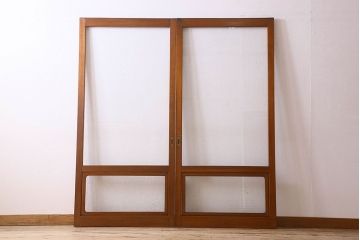 昭和レトロ　クリアガラス　チェッカーガラス使用!温かみのある雰囲気のヒノキ材のガラス戸(窓、引き戸)2枚セット