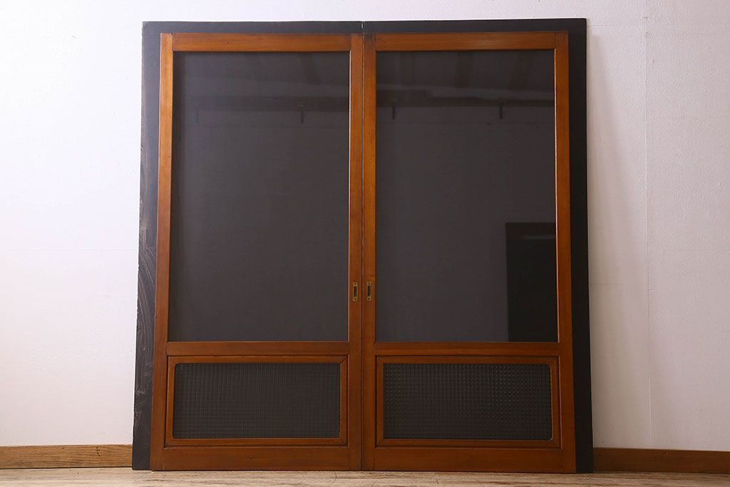 昭和レトロ　クリアガラス　チェッカーガラス使用!温かみのある雰囲気のヒノキ材のガラス戸(窓、引き戸)2枚セット