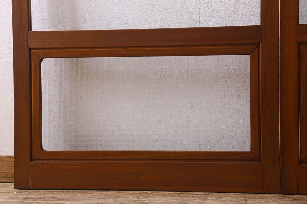 昭和レトロ　クリアガラス　チェッカーガラス使用!温かみのある雰囲気のヒノキ材のガラス戸(窓、引き戸)2枚セット