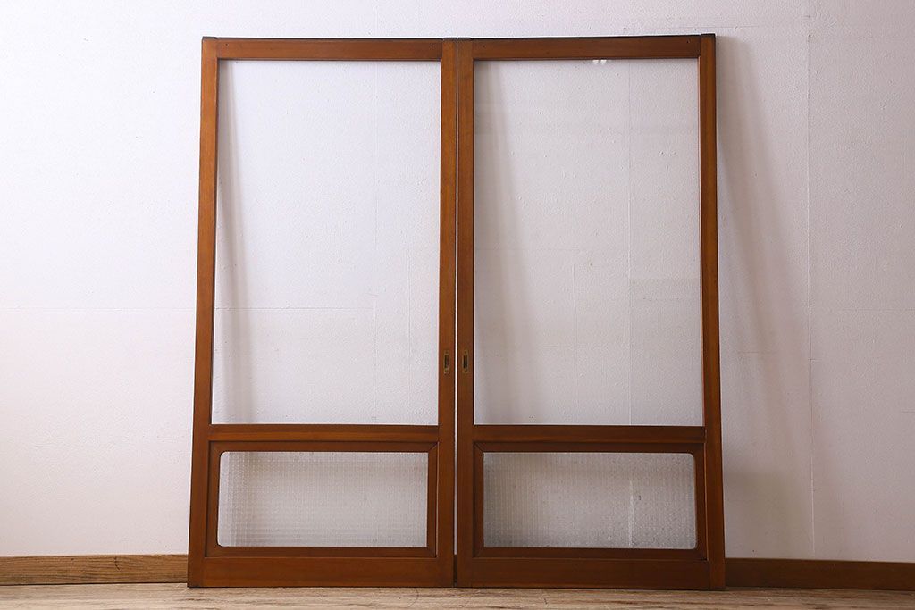 昭和レトロ　クリアガラス　チェッカーガラス使用!温かみのある雰囲気のヒノキ材のガラス戸(窓、引き戸)2枚セット