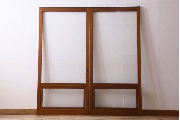 昭和レトロ　クリアガラス　チェッカーガラス使用!温かみのある雰囲気のヒノキ材のガラス戸(窓、引き戸)2枚セット