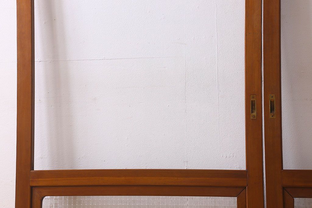昭和レトロ　クリアガラス　チェッカーガラス使用!温かみのある雰囲気のヒノキ材のガラス戸(窓、引き戸)2枚セット