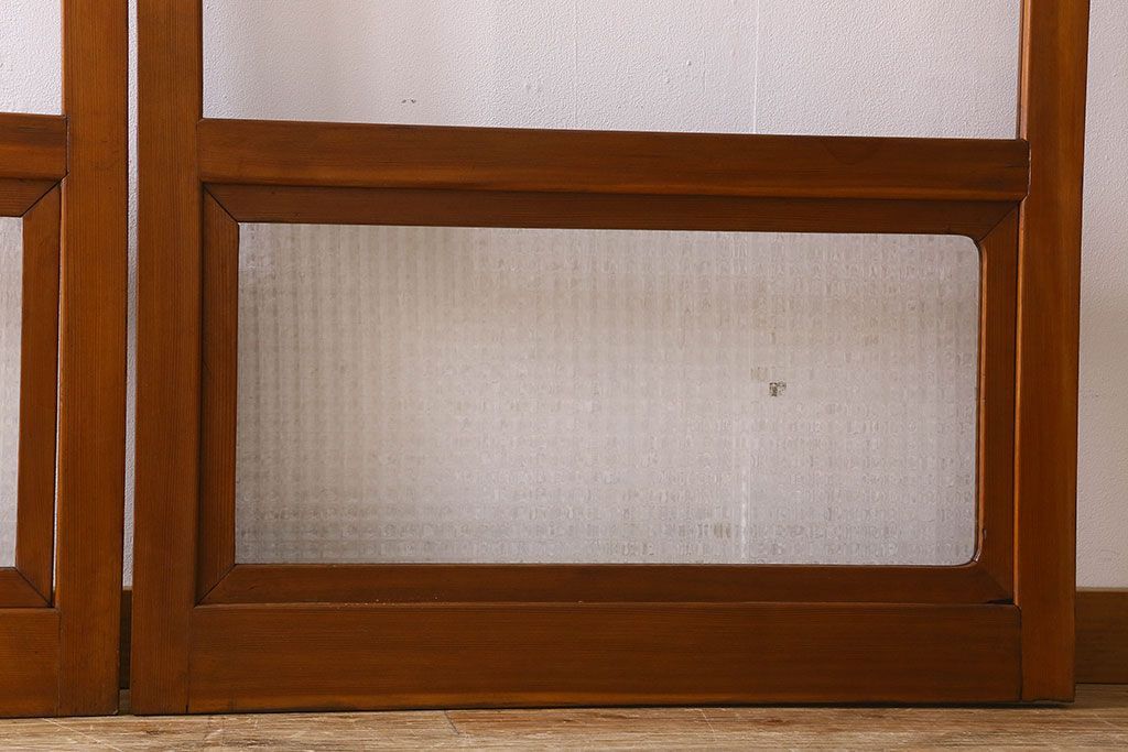 昭和レトロ　クリアガラス　チェッカーガラス使用!温かみのある雰囲気のヒノキ材のガラス戸(窓、引き戸)2枚セット