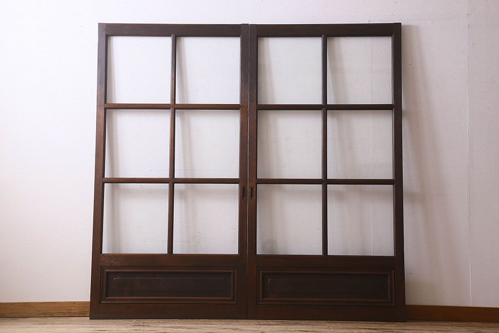 和製アンティーク　クリアガラス　ヒノキ材　欅材　上質なつくりのガラス戸(引き戸)