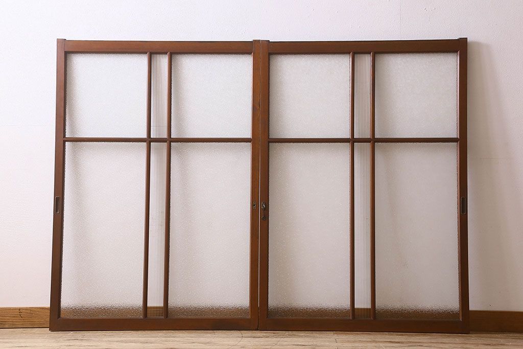 昭和レトロ　ダイヤガラス・モールガラス　2種のガラスがおしゃれなガラス戸(引き戸、窓)2枚組