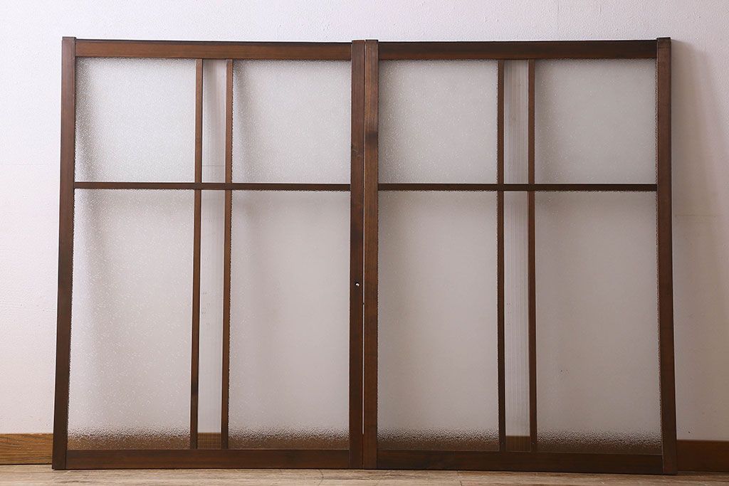 モールガラス戸 アンティーク ガラス 2枚 昭和レトロ 木枠付き タN0178◇(1)【H74cm×W78cm】◇素敵なデザインガラスの古い木枠