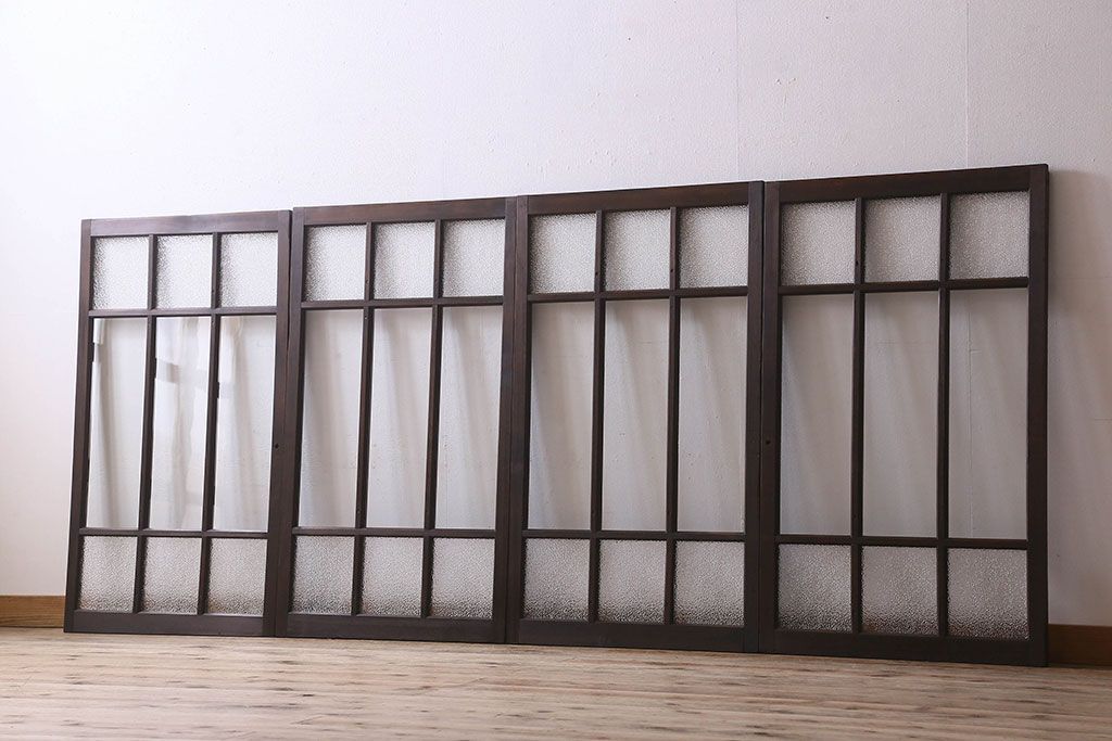 和製アンティーク　ダイヤガラス・クリアガラス使用　上品でおしゃれなガラス戸(窓、引き戸)4枚組