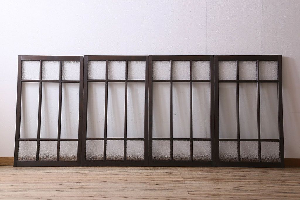 和製アンティーク　ダイヤガラス・クリアガラス使用　上品でおしゃれなガラス戸(窓、引き戸)4枚組