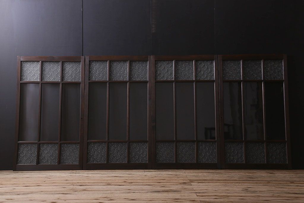 和製アンティーク　ダイヤガラス・クリアガラス使用　上品でおしゃれなガラス戸(窓、引き戸)4枚組