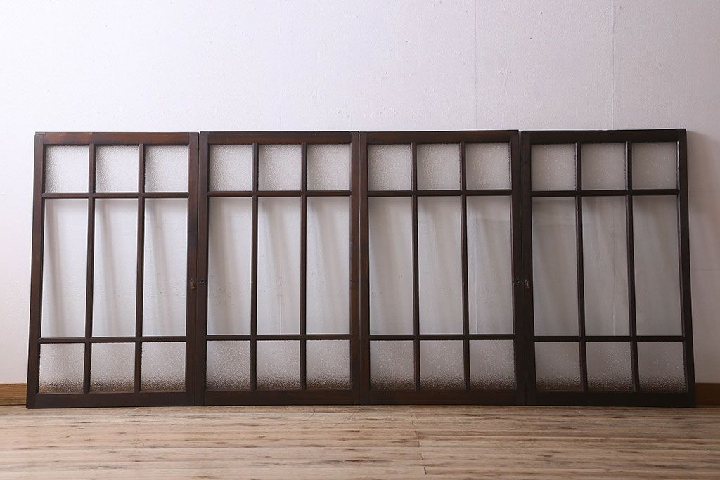 和製アンティーク　ダイヤガラス・クリアガラス使用　上品でおしゃれなガラス戸(窓、引き戸)4枚組