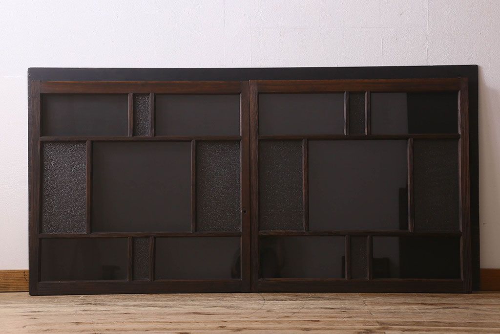 和製アンティーク　クリアガラス・ダイヤガラス使用　レトロなデザインが魅力的なガラス戸(窓、引き戸)2枚セット