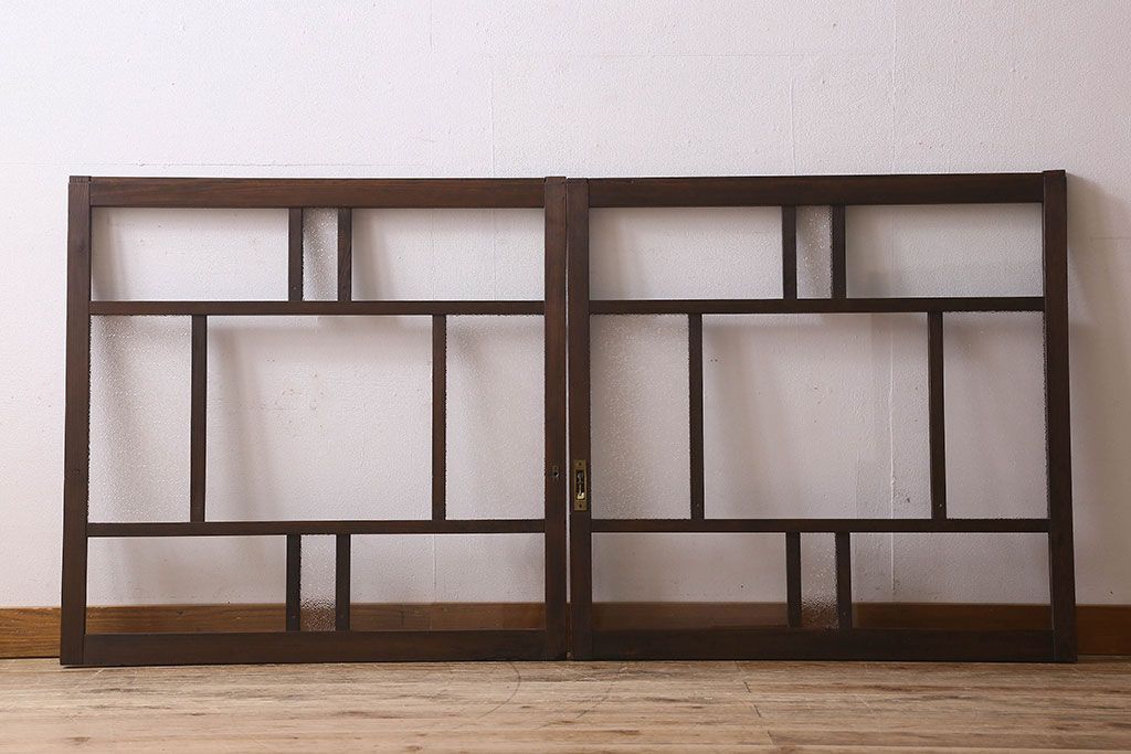 和製アンティーク　クリアガラス・ダイヤガラス使用　レトロなデザインが魅力的なガラス戸(窓、引き戸)2枚セット