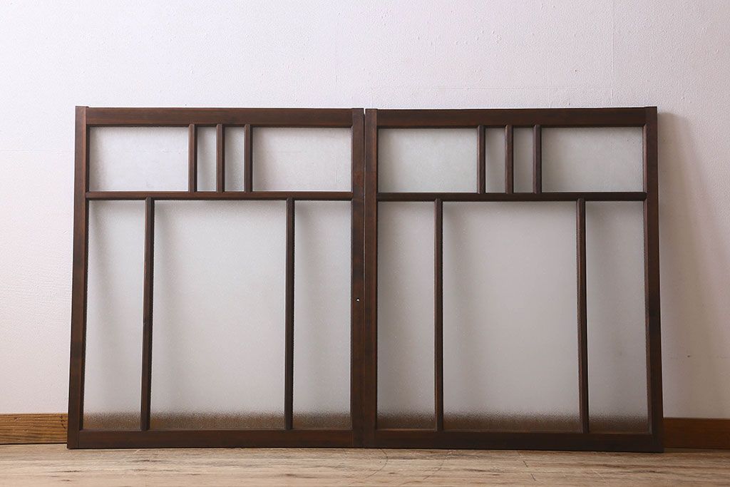 和製アンティーク　結霜ガラス・ダイヤガラス入り!　3種のガラスが魅力を放つガラス戸(窓、引き戸)2枚セット