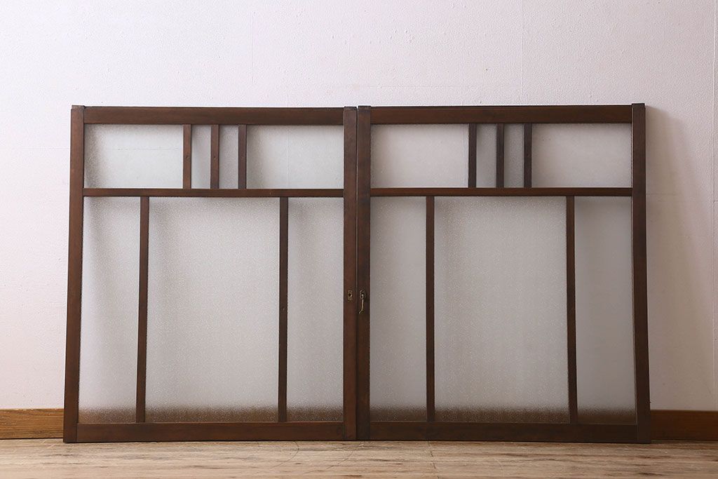 和製アンティーク　結霜ガラス・ダイヤガラス入り!　3種のガラスが魅力を放つガラス戸(窓、引き戸)2枚セット