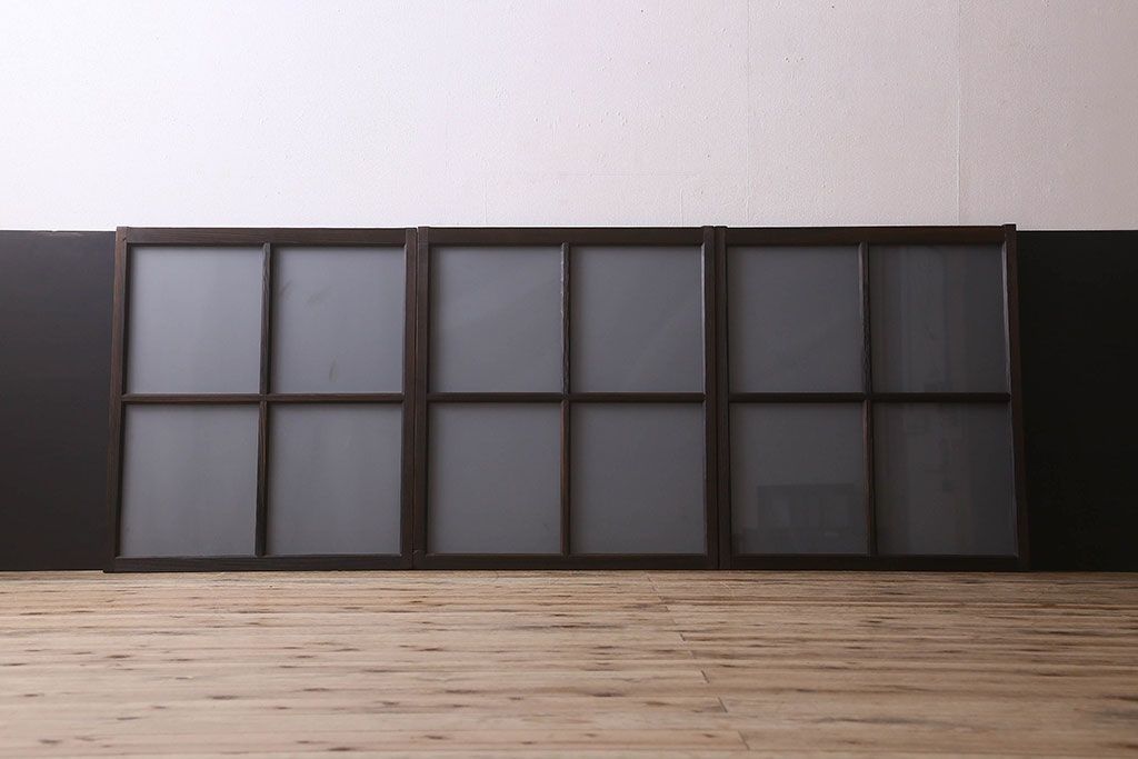 和製アンティーク　すりガラス使用　マス目がおしゃれなガラス戸(窓、引き戸)3枚セット