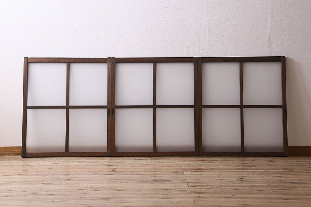 和製アンティーク　すりガラス使用　マス目がおしゃれなガラス戸(窓、引き戸)3枚セット