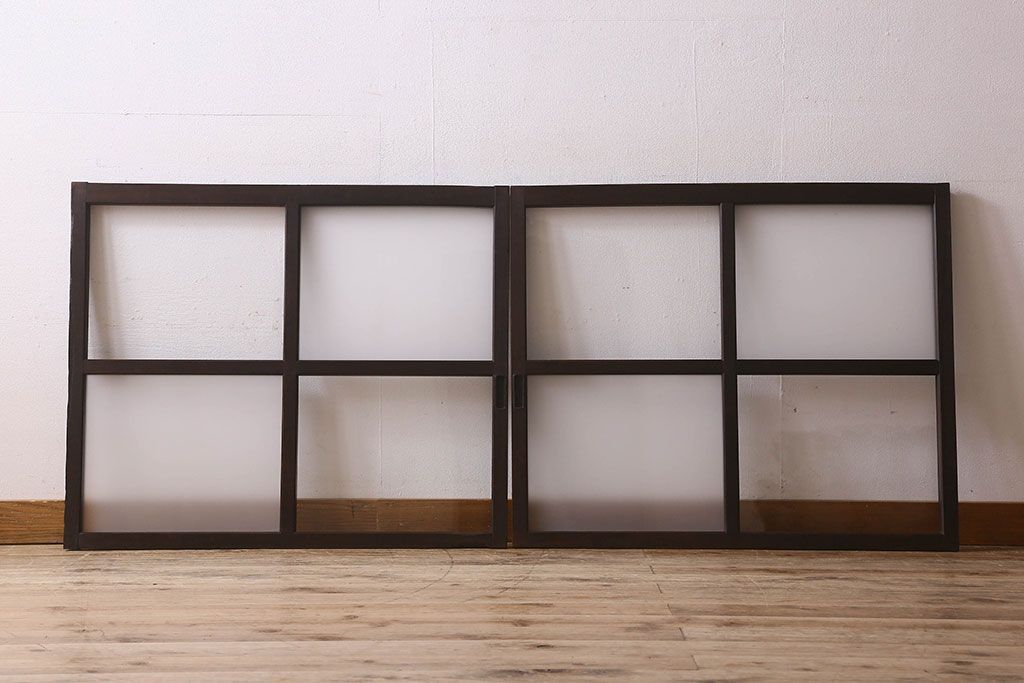 和製アンティーク　ダイヤガラス・クリアガラス使用　モダンでおしゃれなガラス戸(窓、引き戸)2枚セット