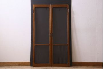 昭和レトロ　クリアガラス・モールガラス使用　懐かしい空気が漂う両開きのガラス扉(窓、ドア、観音扉)2枚セット