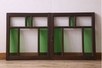 和製アンティーク　気泡ガラス　色ガラス　レトロな雰囲気漂うガラス戸(窓、引き戸)2枚組