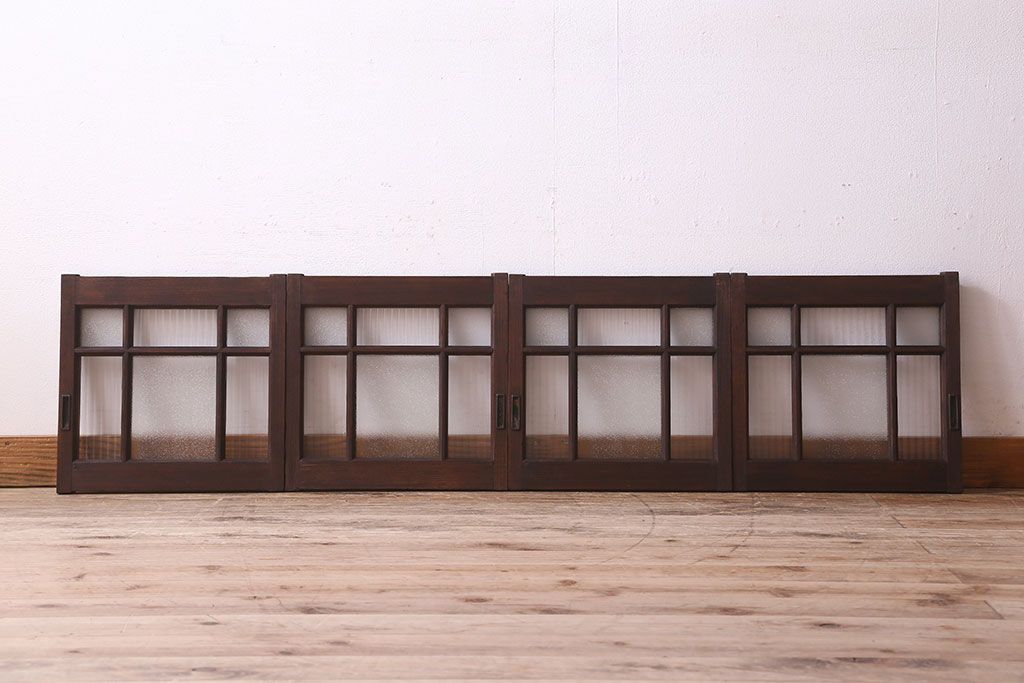 和製アンティーク　モールガラス・ダイヤガラスが魅力的な小さなガラス戸(窓、引き戸)4枚セット