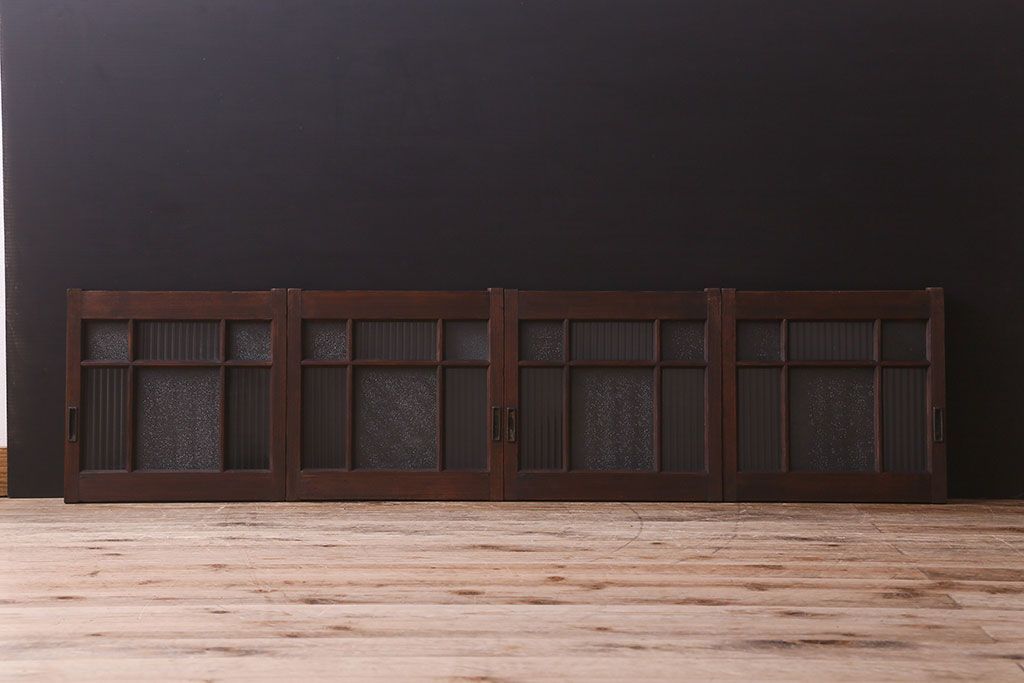 和製アンティーク　モールガラス・ダイヤガラスが魅力的な小さなガラス戸(窓、引き戸)4枚セット