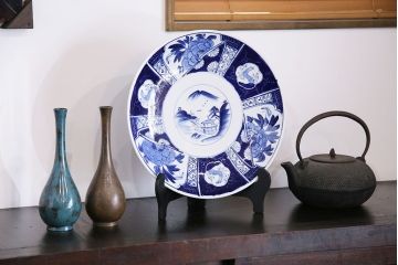 アンティーク雑貨　明治大正期　牡丹・山水図　一尺二寸大皿(和食器)