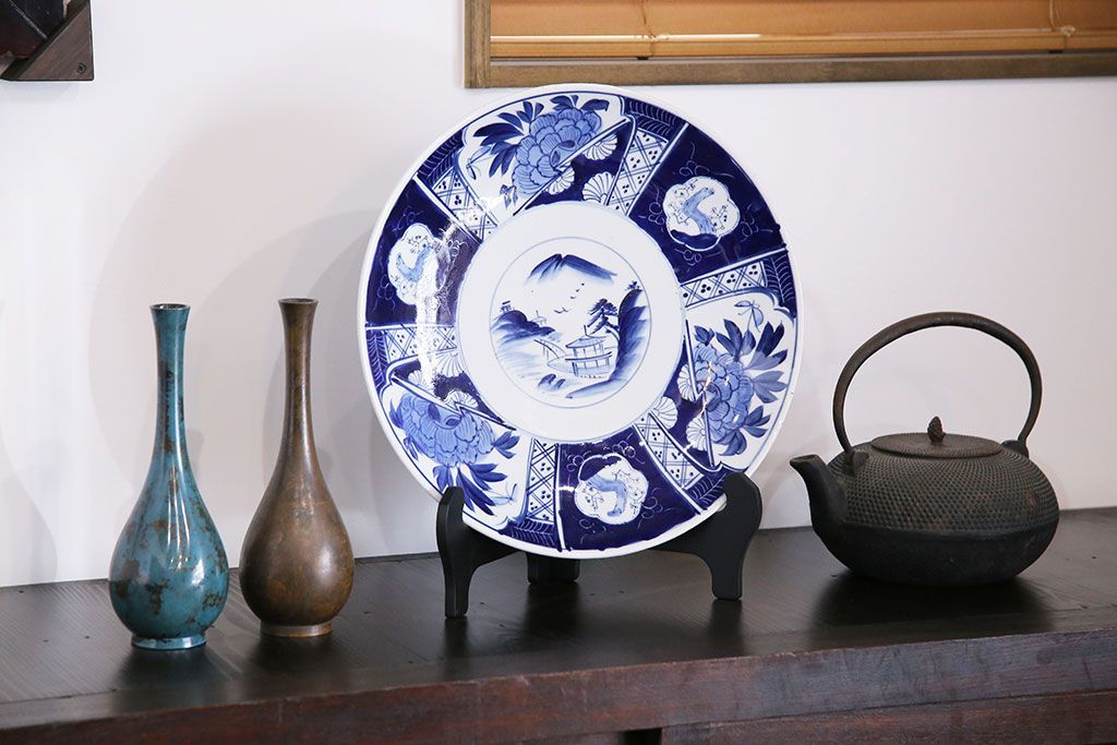 アンティーク雑貨　明治大正期　牡丹・山水図　一尺二寸大皿(和食器)