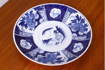 アンティーク雑貨　明治大正期　牡丹・山水図　一尺二寸大皿(和食器)