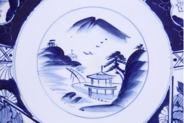 アンティーク雑貨　明治大正期　牡丹・山水図　一尺二寸大皿(和食器)