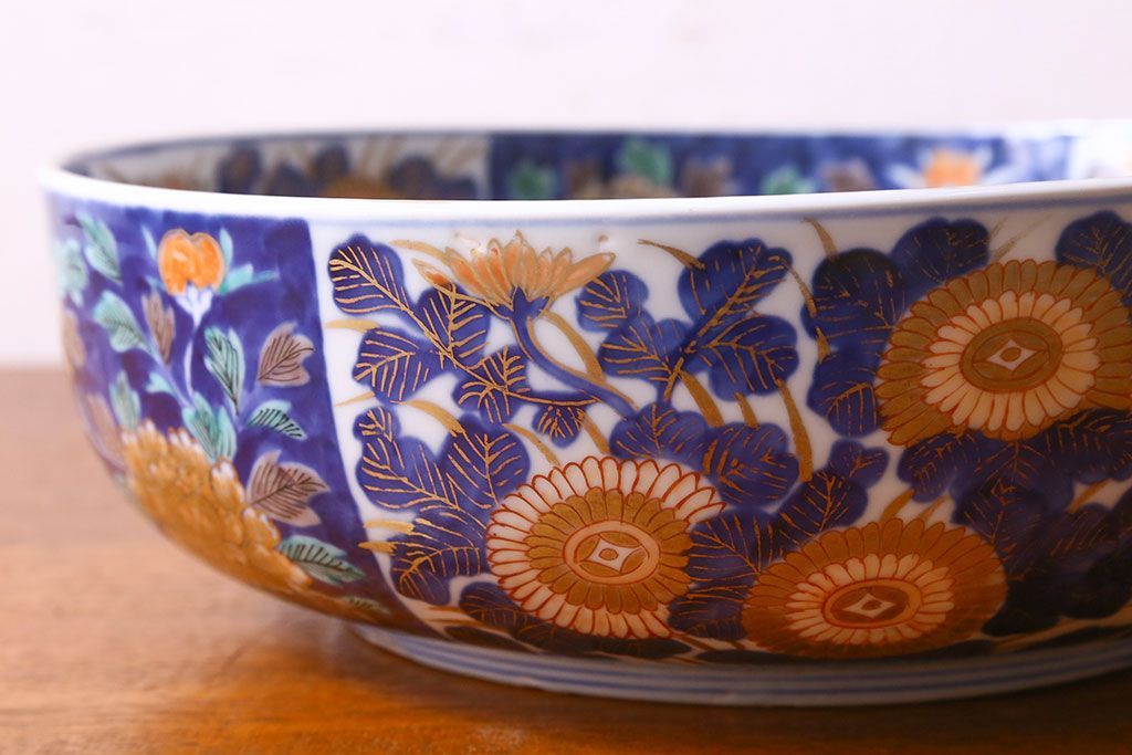 幕末明治期　伊万里焼　牡丹の図　色絵深鉢(深皿、二重高台)