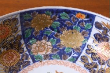 アンティーク雑貨　幕末明治期　伊万里焼　牡丹の図　色絵深鉢(深皿、二重高台)(1)