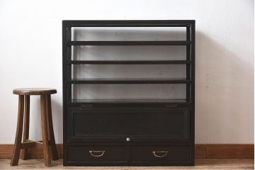 アンティーク家具　和製アンティーク　珍しいデザインが魅力的なオリジナルペイントの収納棚(飾り棚、陳列棚、下駄箱)