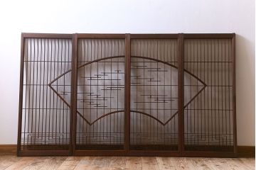 和製アンティーク　クリアガラス　組子のデザインが目を引く　大正昭和期の書院戸(明り取り、明かり取り、組子)4枚セット