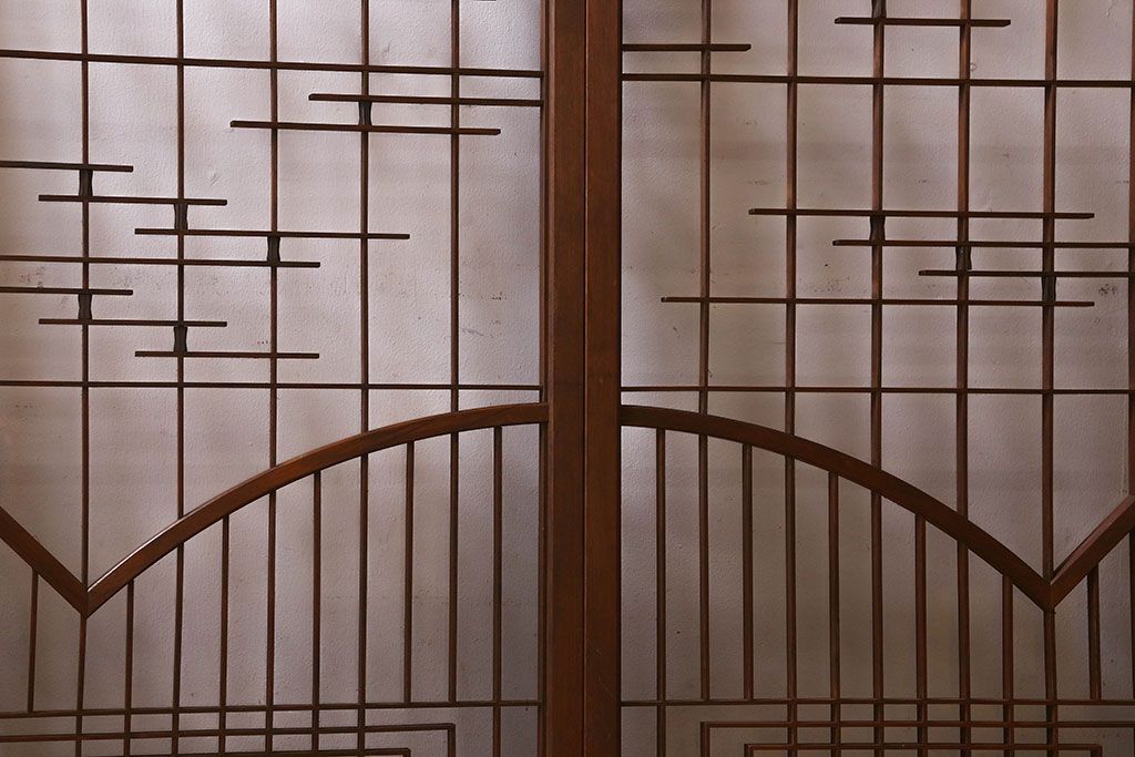 和製アンティーク　クリアガラス　組子のデザインが目を引く　大正昭和期の書院戸(明り取り、明かり取り、組子)4枚セット