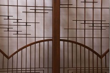 和製アンティーク　クリアガラス　組子のデザインが目を引く　大正昭和期の書院戸(明り取り、明かり取り、組子)4枚セット