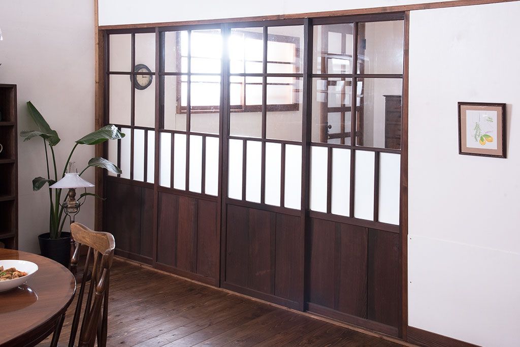 和製アンティーク　和モダンなガラス戸(引き戸、格子戸)4枚セット