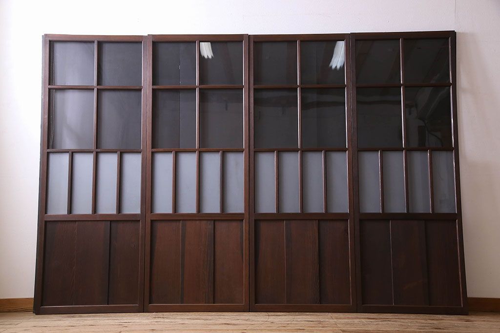 和製アンティーク　和モダンなガラス戸(引き戸、格子戸)4枚セット