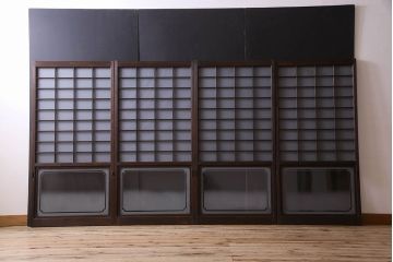 和製アンティーク　格子のデザインが素敵なデザインのガラス戸(ガラス帯戸、窓、引き戸)4枚セット