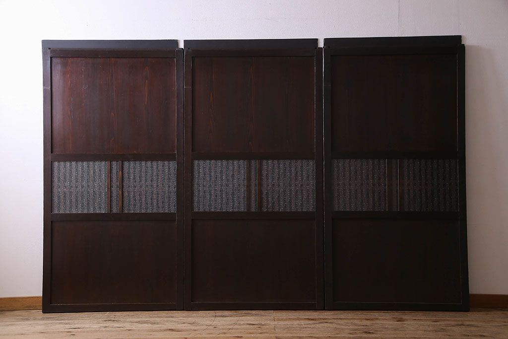 和製アンティーク　ダイヤガラス入り格子帯戸(ガラス帯戸、引き戸、ガラス戸)3枚セット